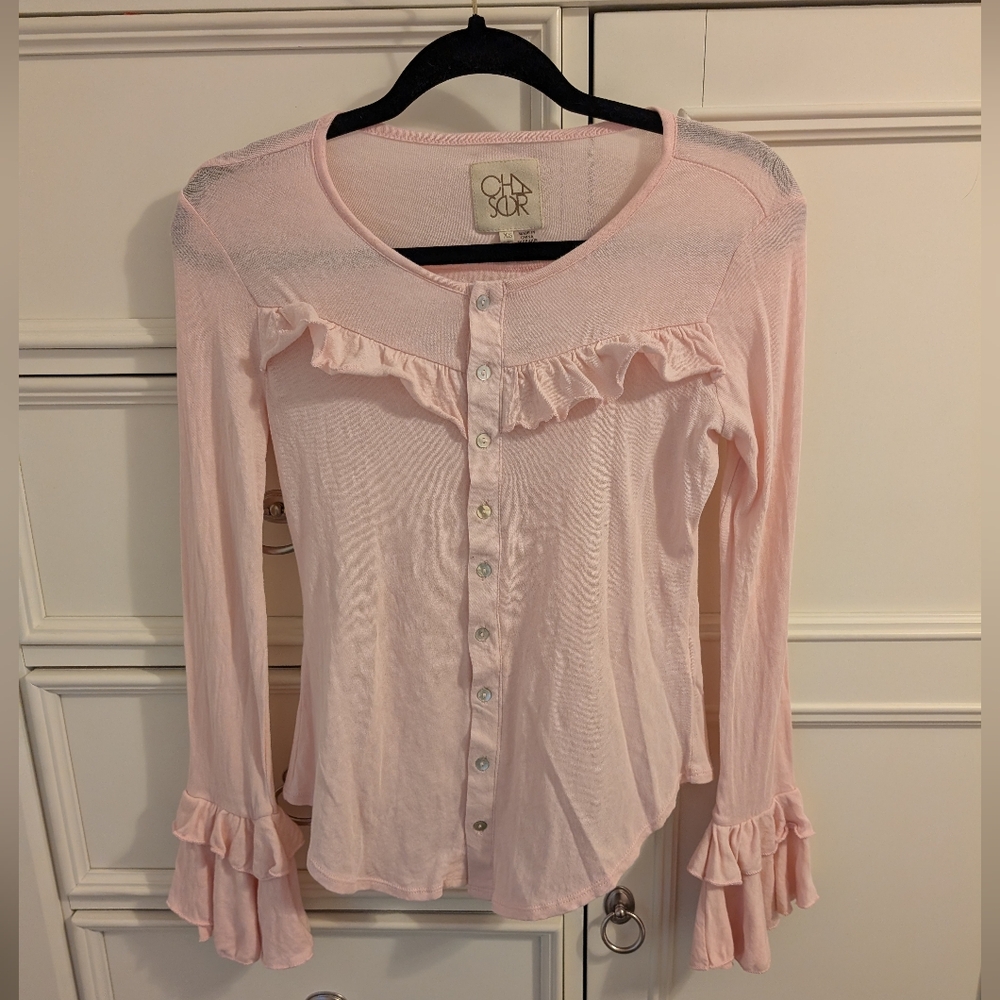 Chaser Feminine Soft Pink Button Up Blouse With‎ Ruffle Sleeves Fairy